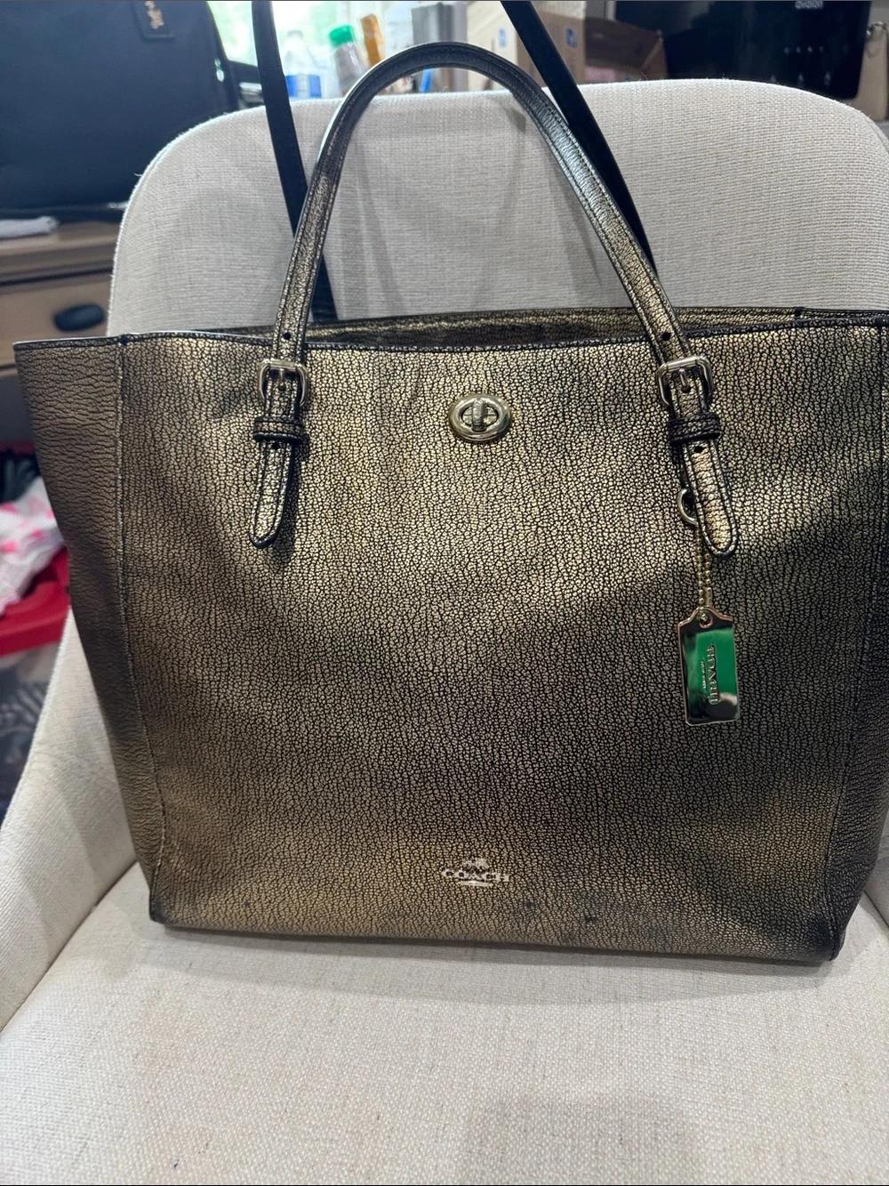Coach Metallic Bronze Double-Handle Tote & Gold hang tag